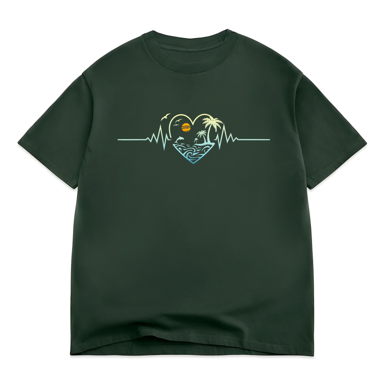 Palm Trees Beach Dolphin Tropical Island Heartbeat T-Shirt