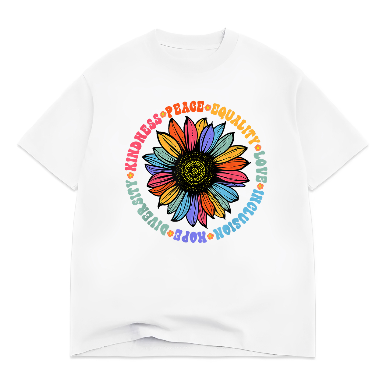 Kindness Peace Equality Love Hope Diversity Human Rights Black Floral Sunflower Pattern T-Shirt