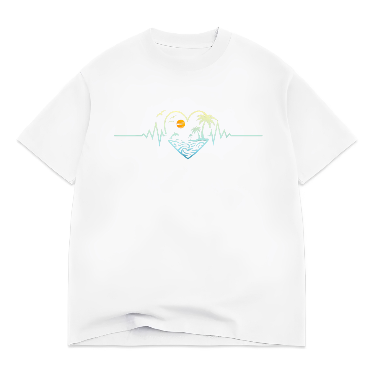 Palm Trees Beach Dolphin Tropical Island Heartbeat T-Shirt